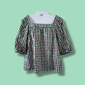 Kate Spade | NWOT Black/White Gingham Green Floral Embroidered Top